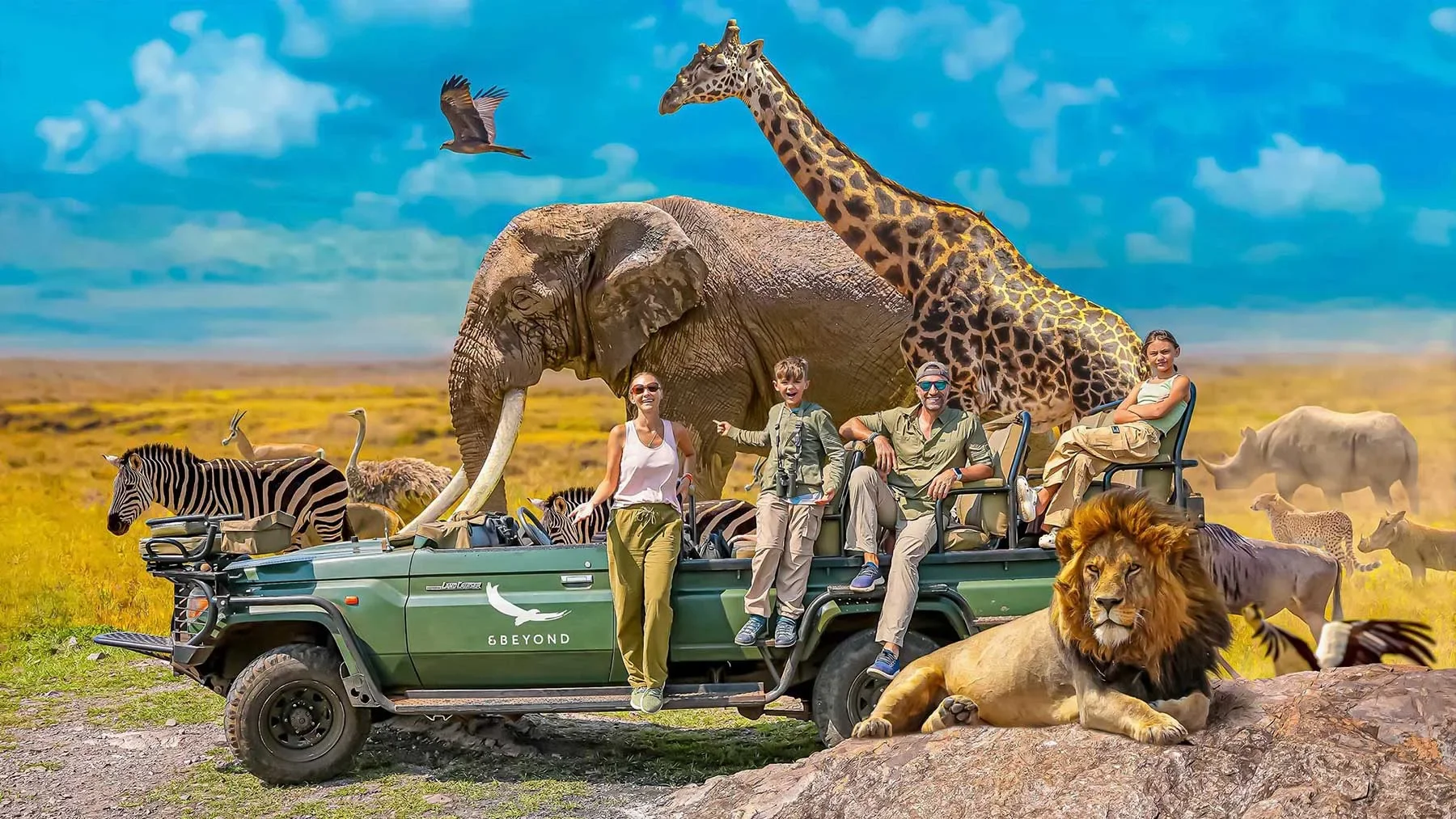 The Lockwood family in a safari vehicle surrounded by African wildlife