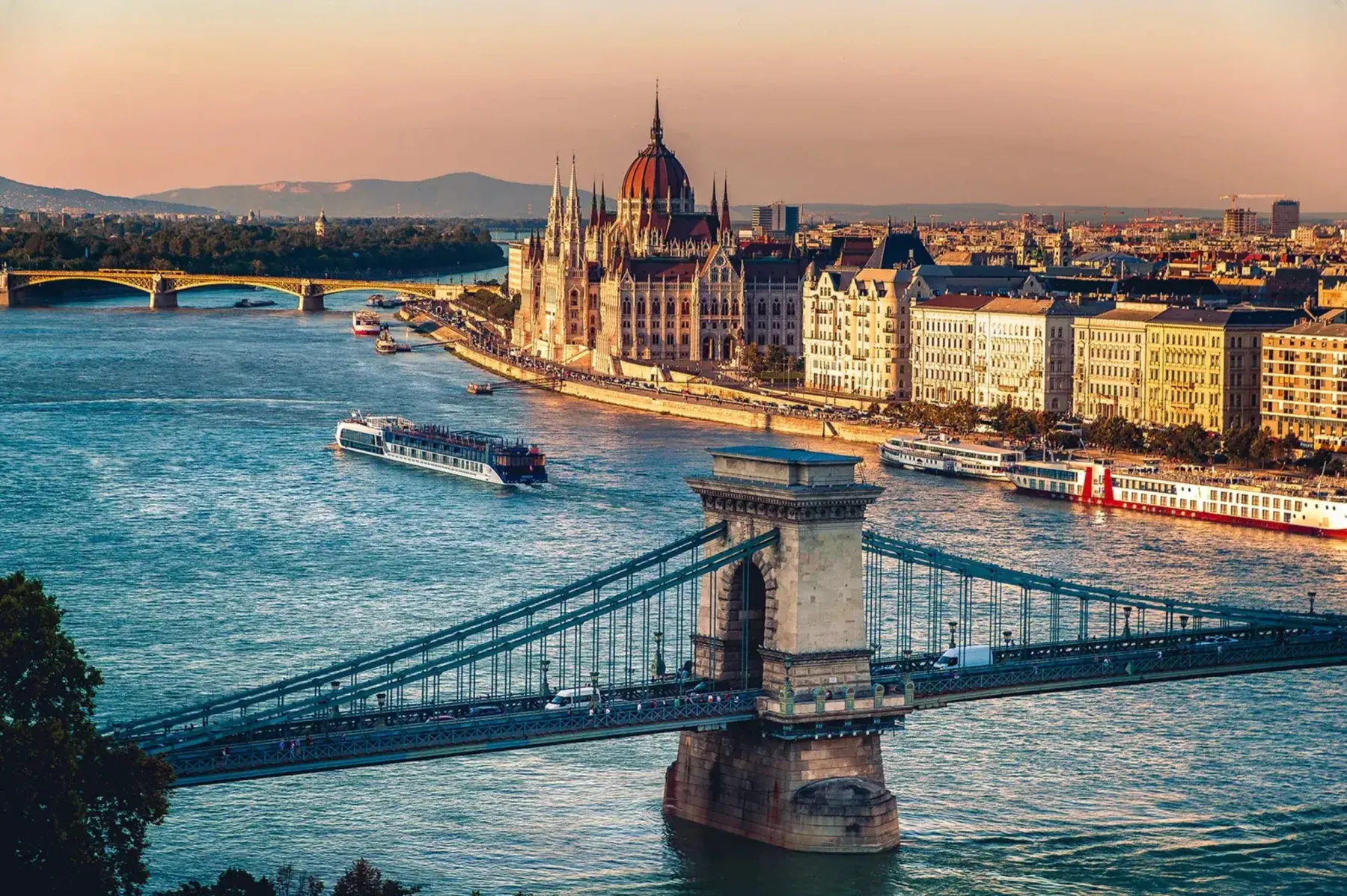 Budapest from the river, at dusk