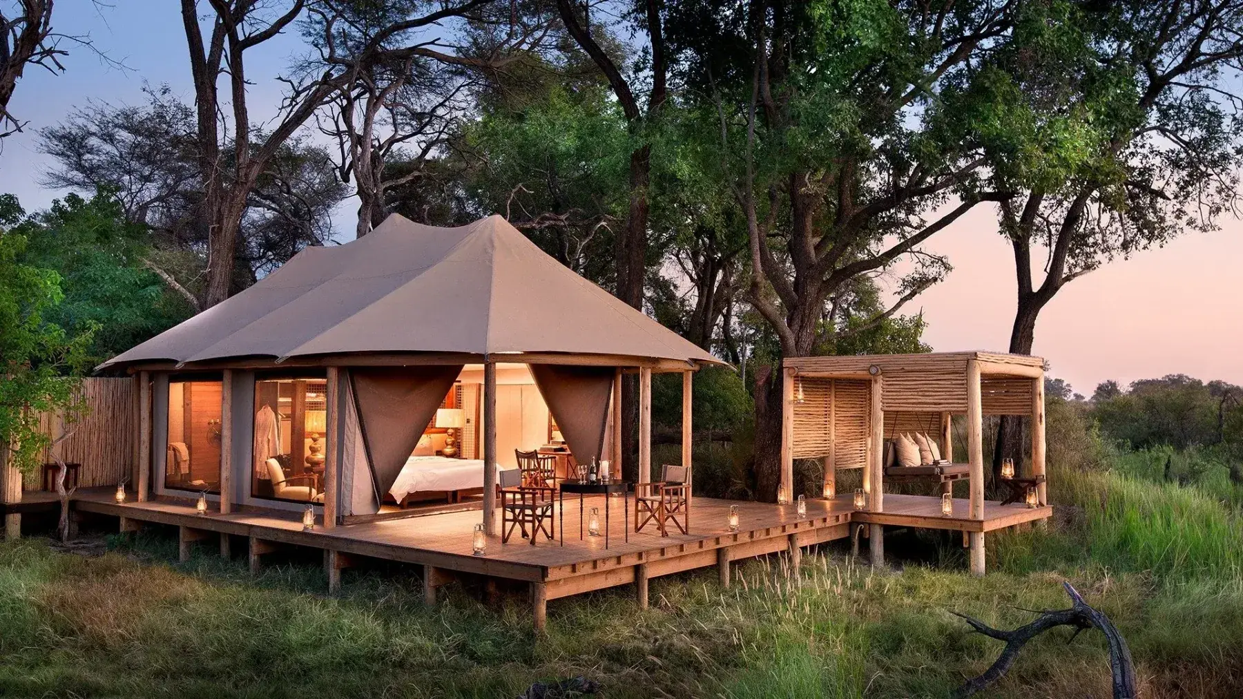 A safari lodge at golden hour