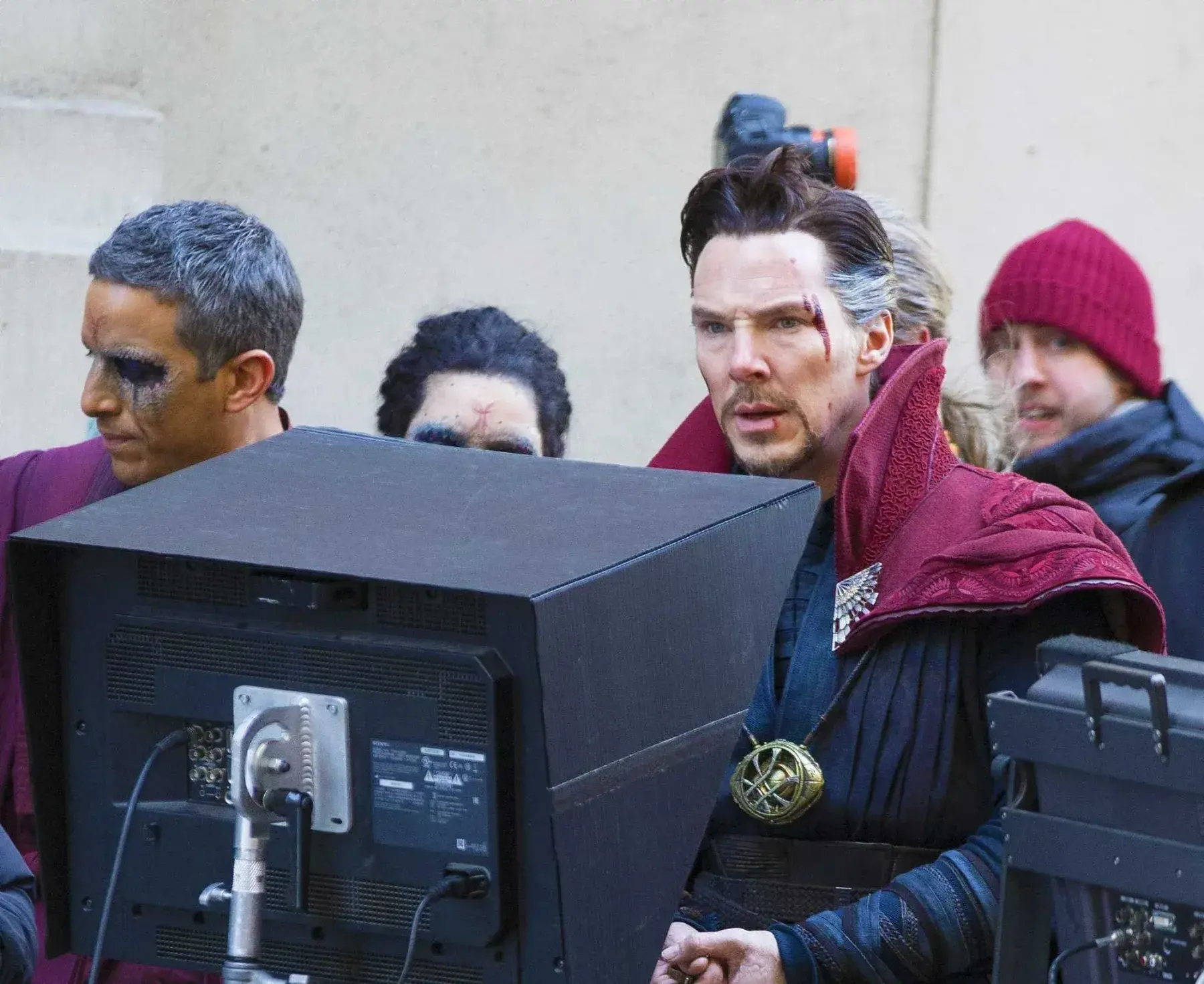 Members of a Marvel film cast during filming