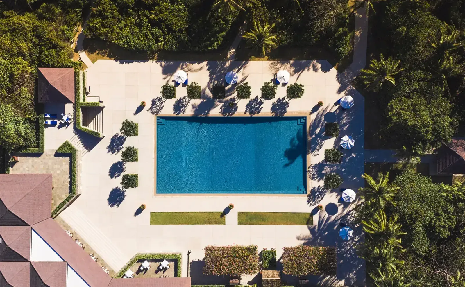 Birds eye view of a villa pool area at Amanpulo