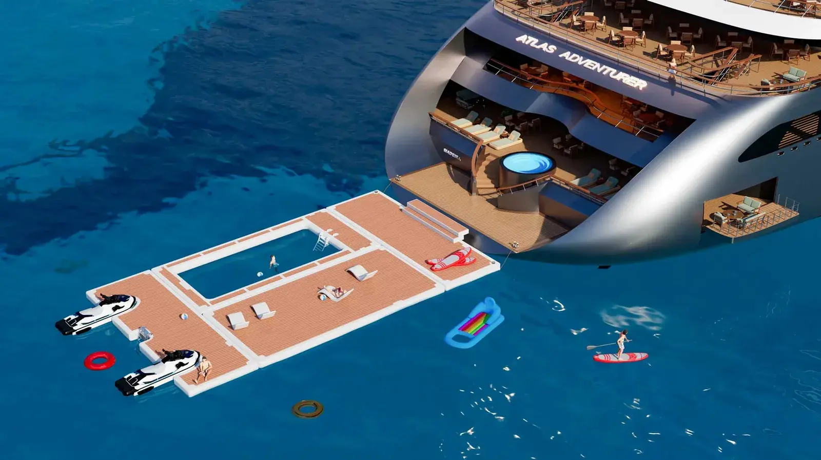 Aerial view of the marine platform on The Atlas Ocean Voyages' Atlas Adventurer sailing yacht