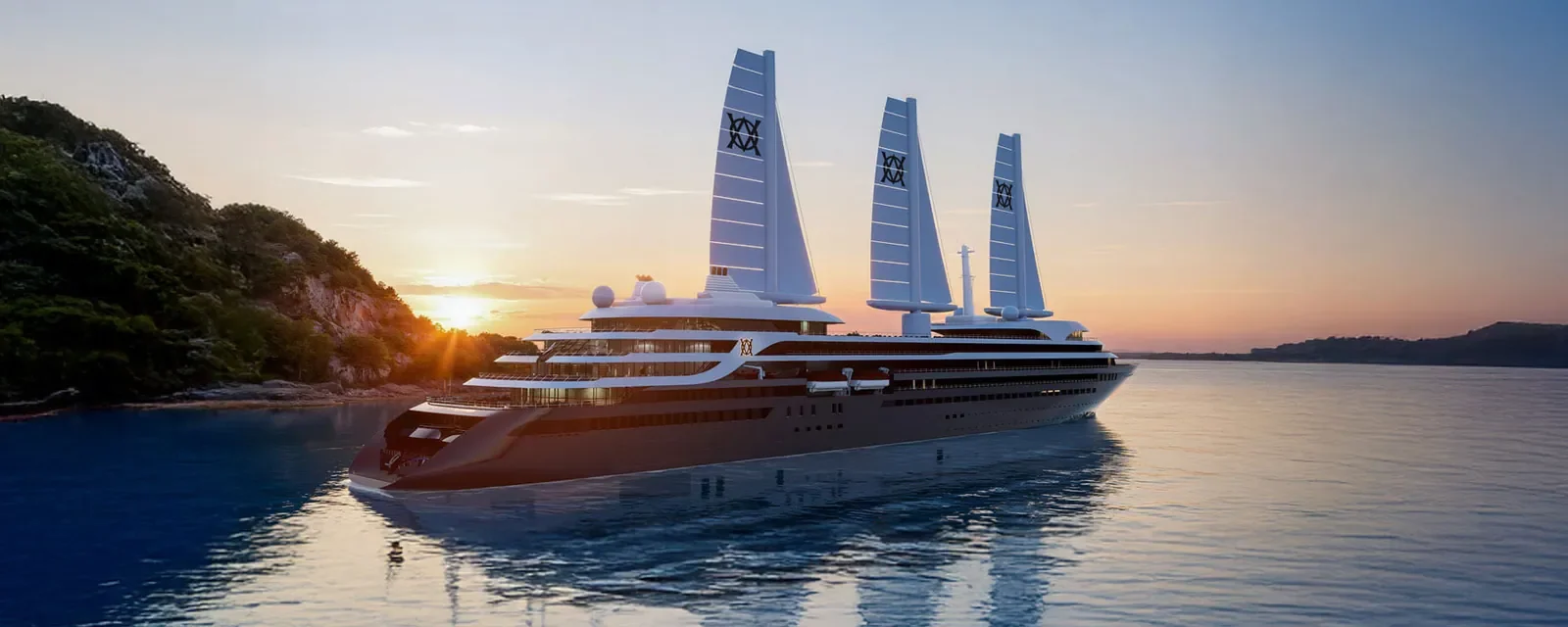 Sunset view of The Atlas Ocean Voyages' Atlas Adventurer sailing yacht