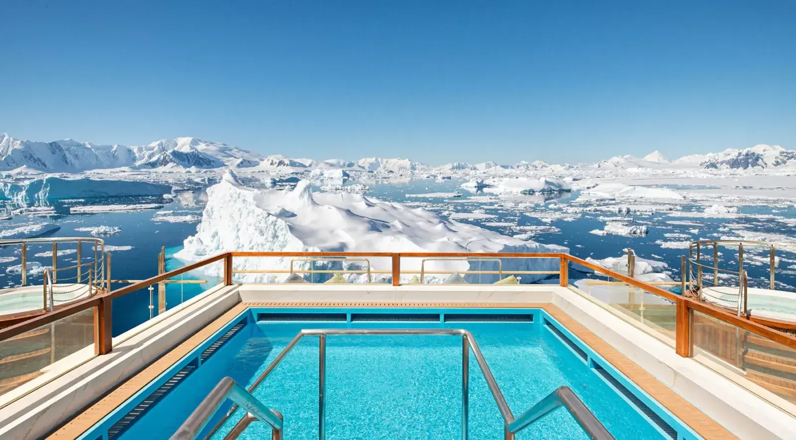 Douglas Mawson heated aft pool with polar backdrop