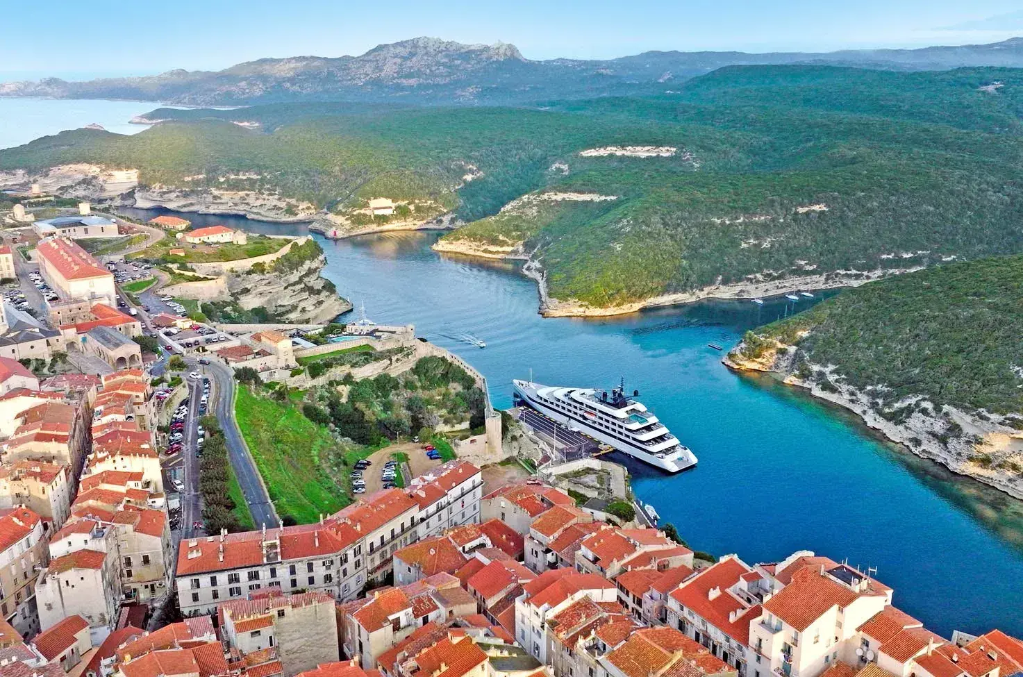 Emerald Sakara luxury yacht aerial in Europe