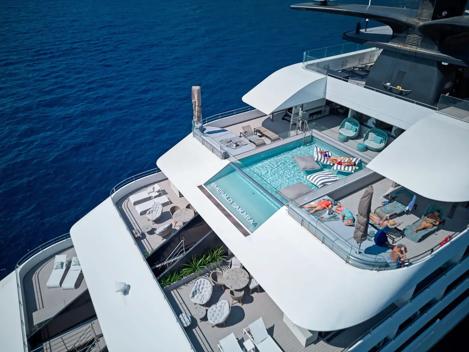 Emerald Sakara luxury yacht marine aft aerial