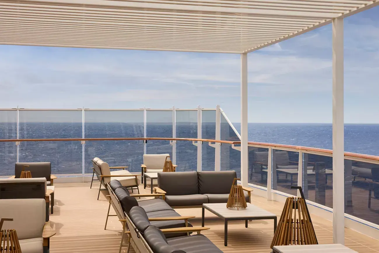 Sky Bar on 14 aboard Explora III, a fully outdoor bar on the ship's highest deck