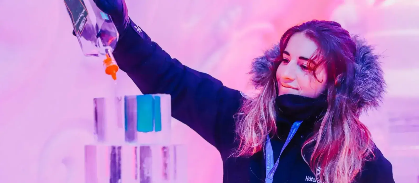 A bartender pours drinks at the Hotel de Glace in Quebec City