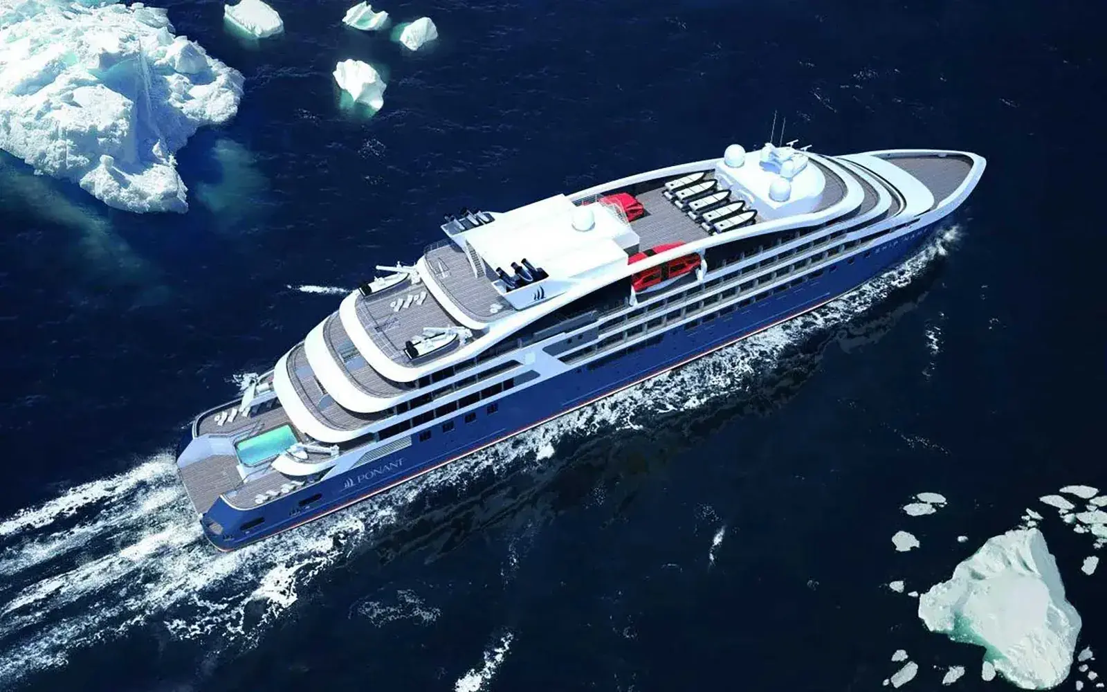 Ponant Explorer-class expedition ship aerial view