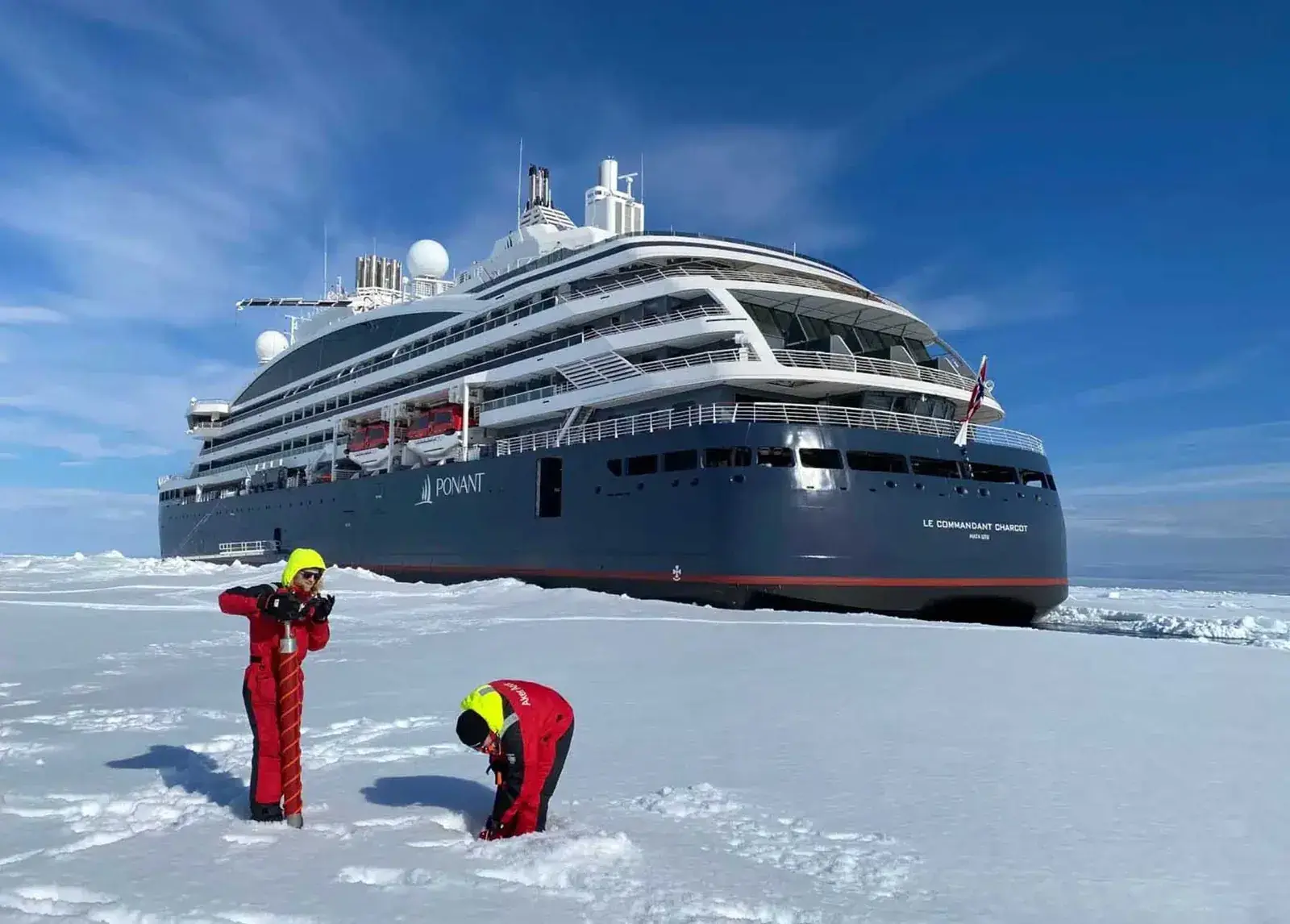 Helicopter taking off from Le Commandant Charcot polar expedition