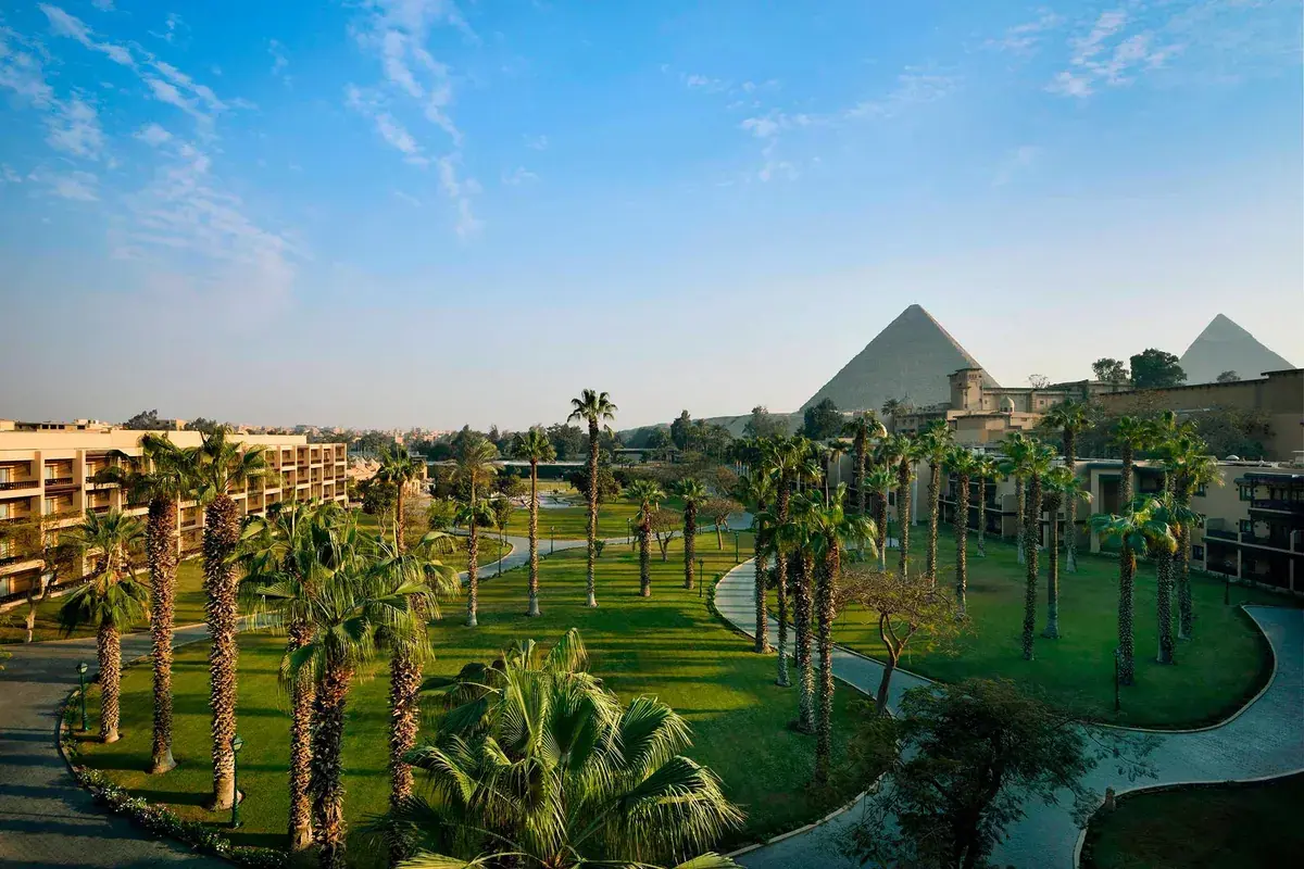View of Giza pyramids from Marriott Mena House Cairo
