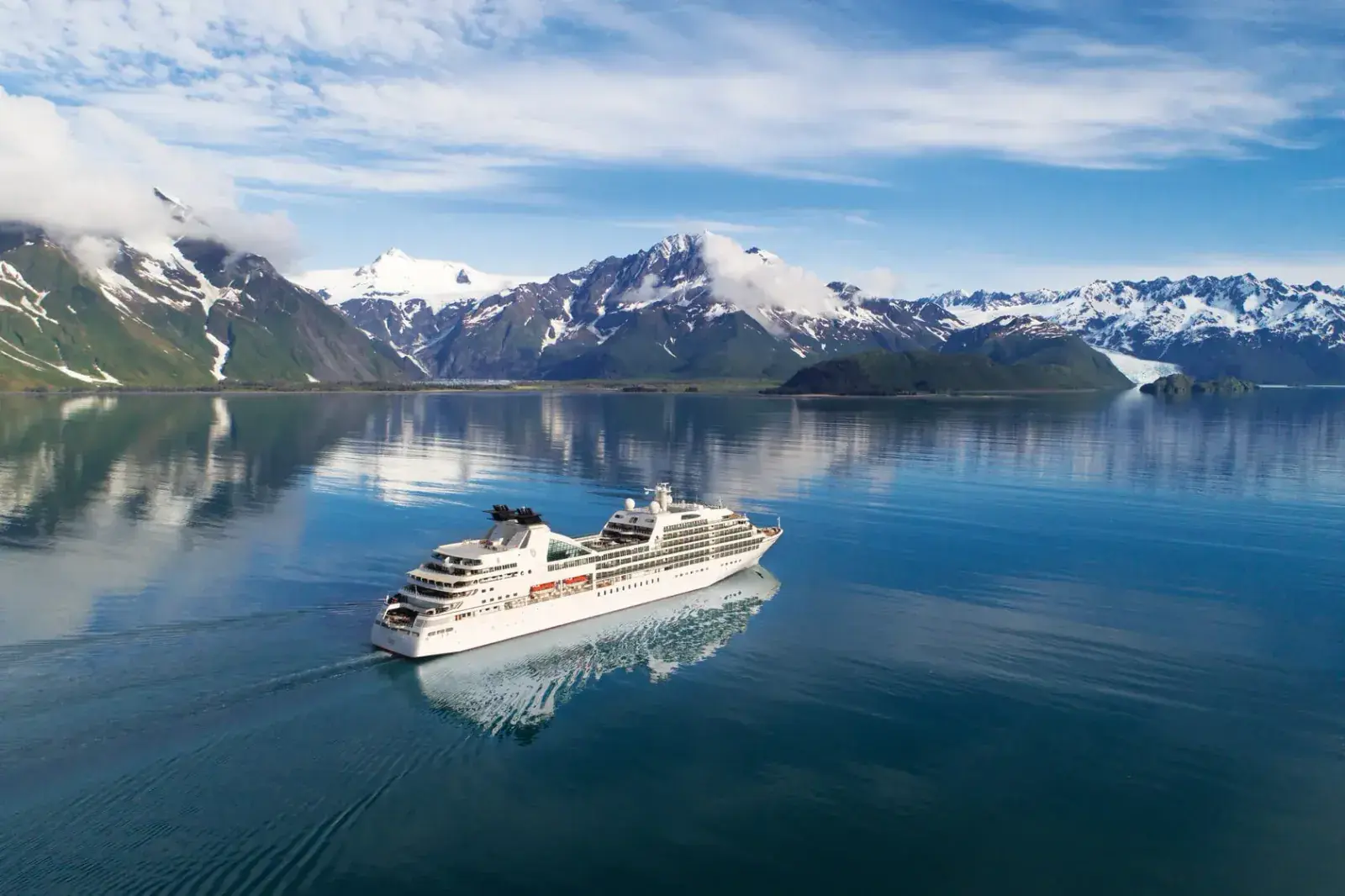 Aerial view of the Seabourn Ovation cruise ship sailing in Alaska