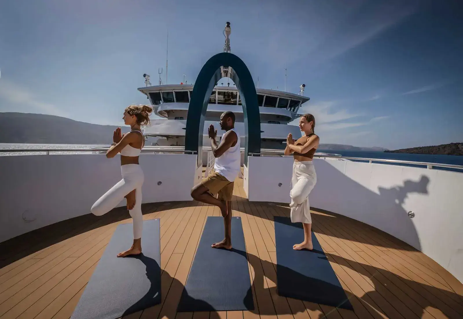 Yoga class on the Swan Hellenic SH Diana bow deck
