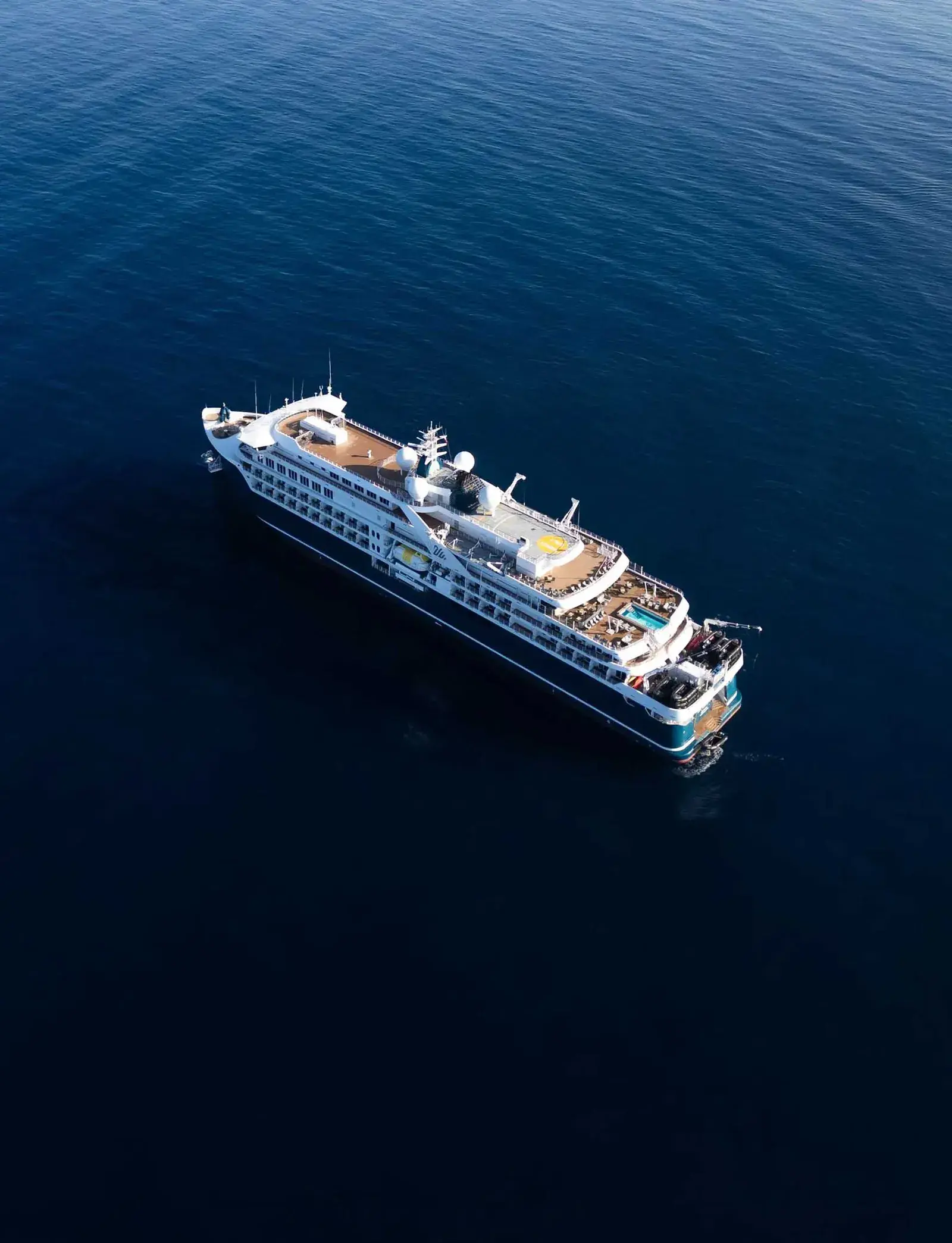 Aerial view of Swan Hellenic SH Diana expedition ship at sea