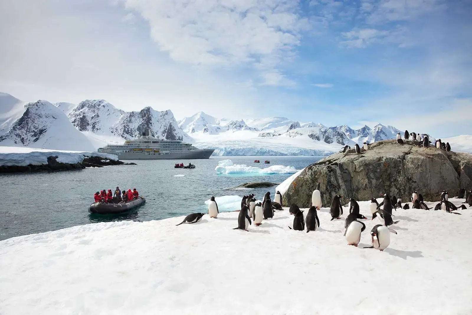 Silver Endeavour Zodiac landing with penguins in Antarctica