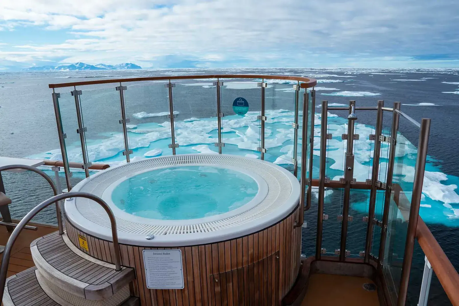 Sylvia Earle outdoor jacuzzi on deck with polar views