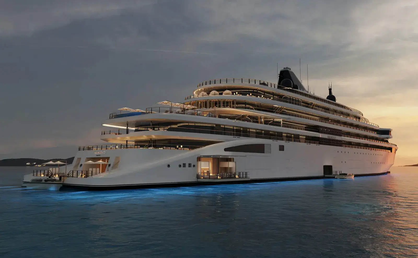 Waterline view of the new Amangati luxury yacht