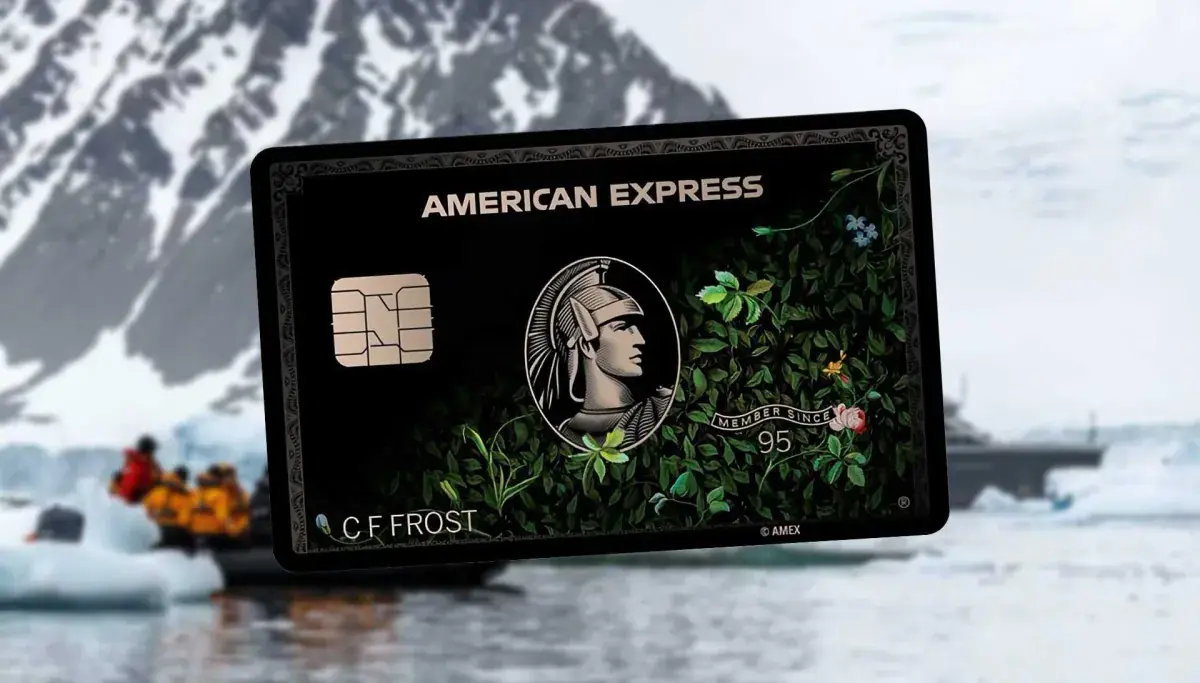 An American Express Black Card in front of an Antarctica background
