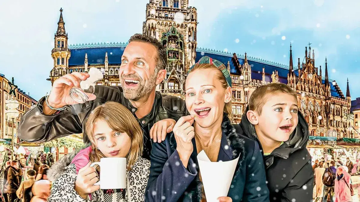 The Lockwood family posing in front of Milan's Duomo with snow falling