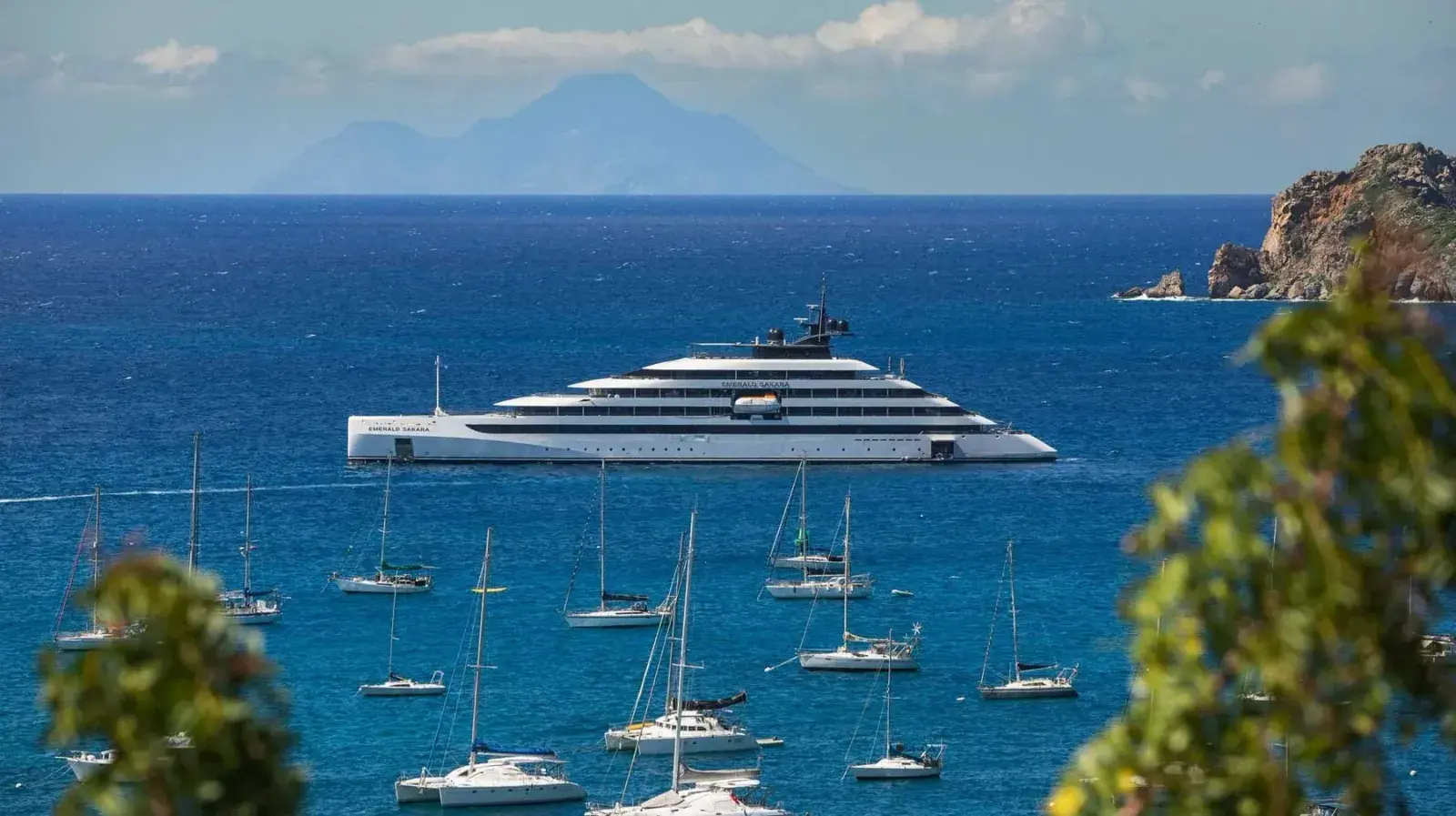 The Emerald Sakara yacht at anchor in the Caribbean