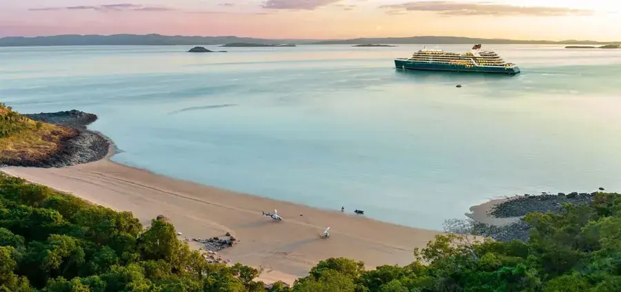 A Seabourn expedition cruise ship sits at anchor of the Kimberley coast of Australia