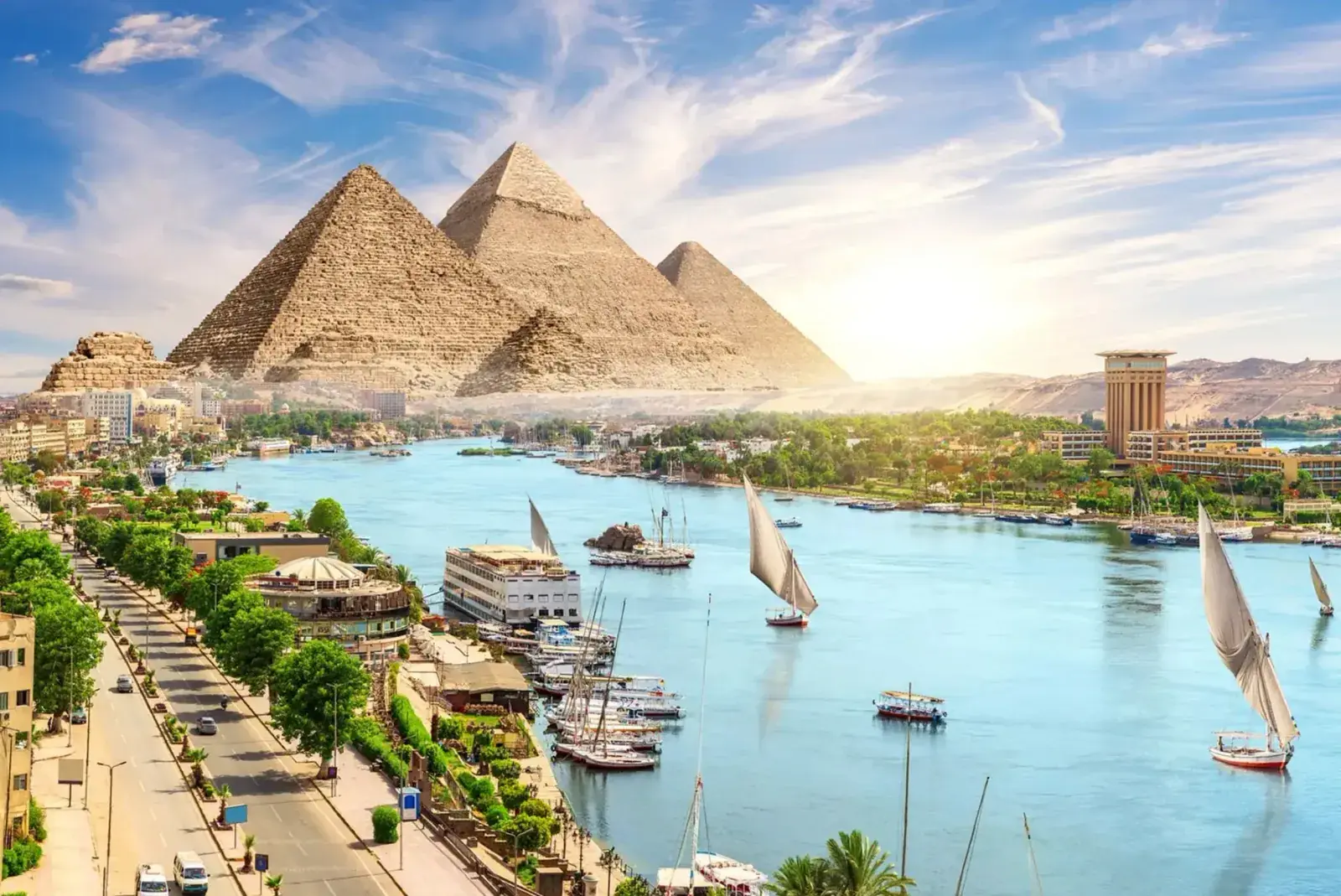 The pyramids of Giza beyond the Nile River