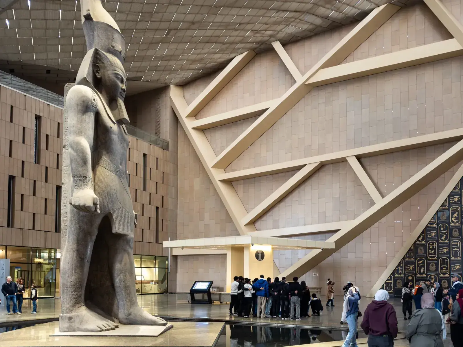 A statue inside the Grand Egyptian Museum