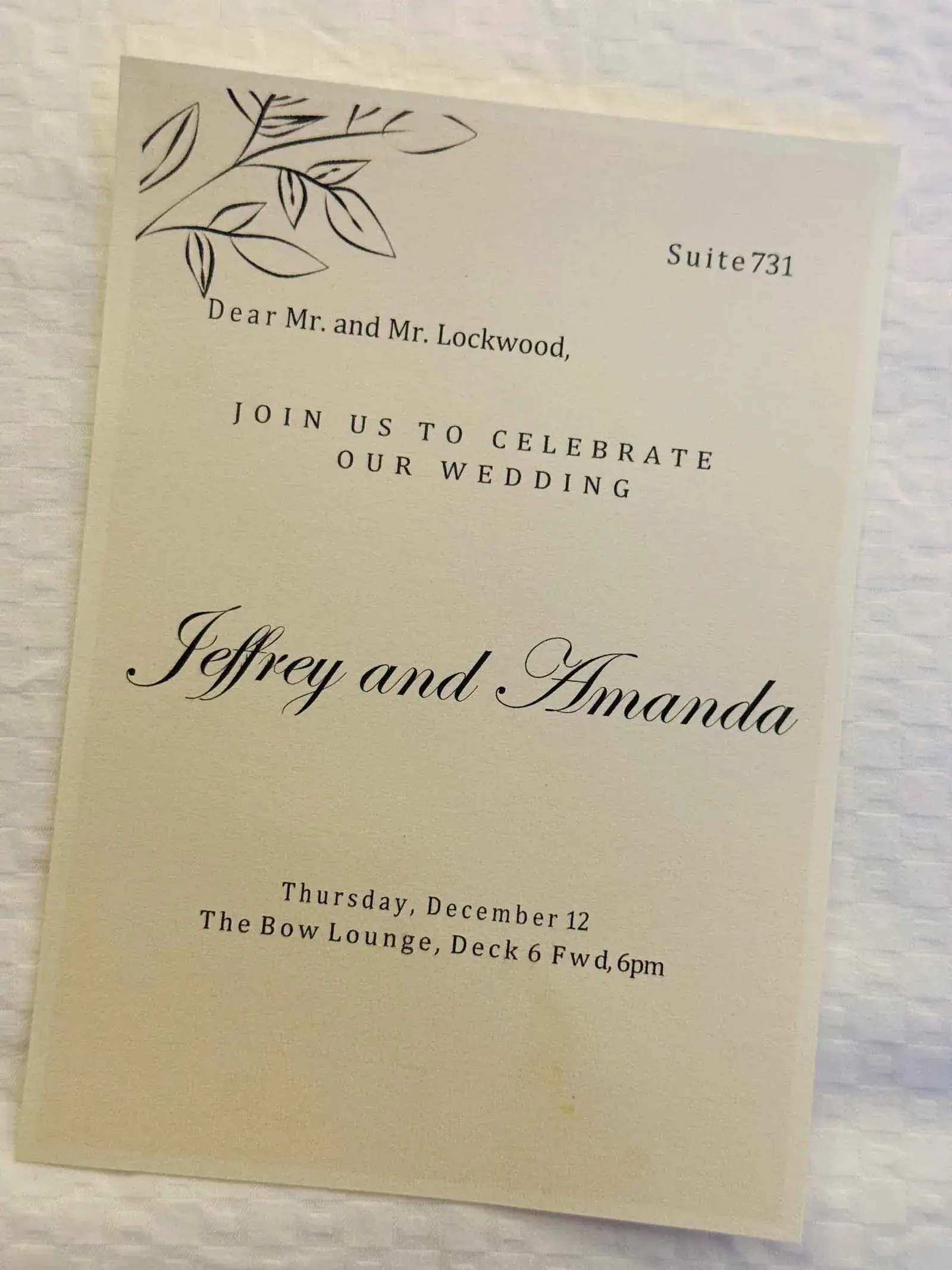 A printed invitation from an Antarctica wedding ceremony