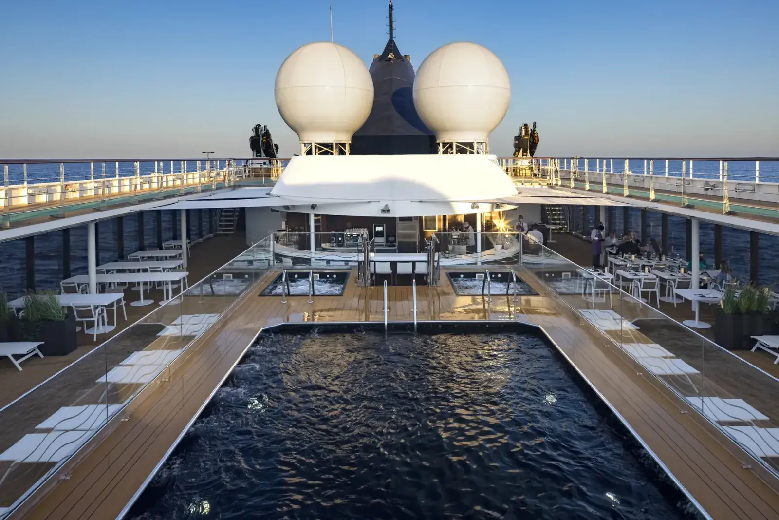 Pool deck on an Atlas Ocean Voyages cruise ship