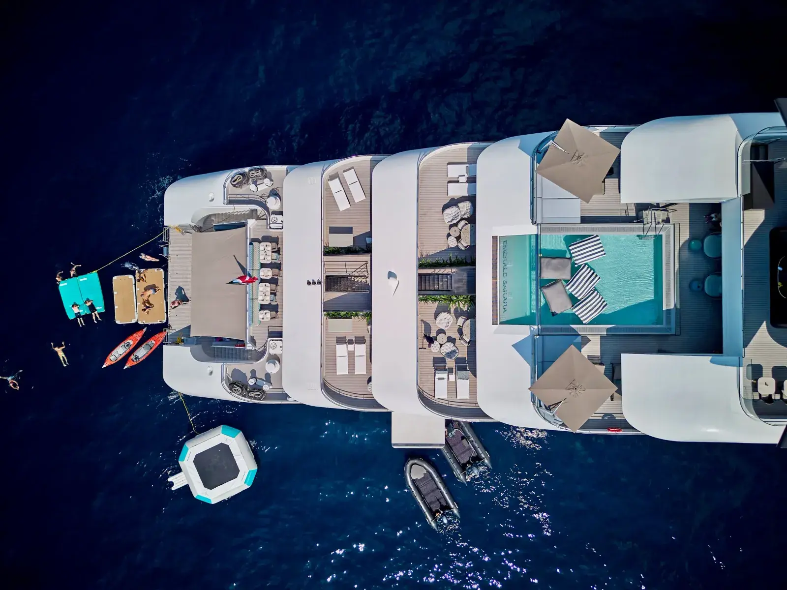 Birds eye view of the Emerald Sakara's marine platform aft decks