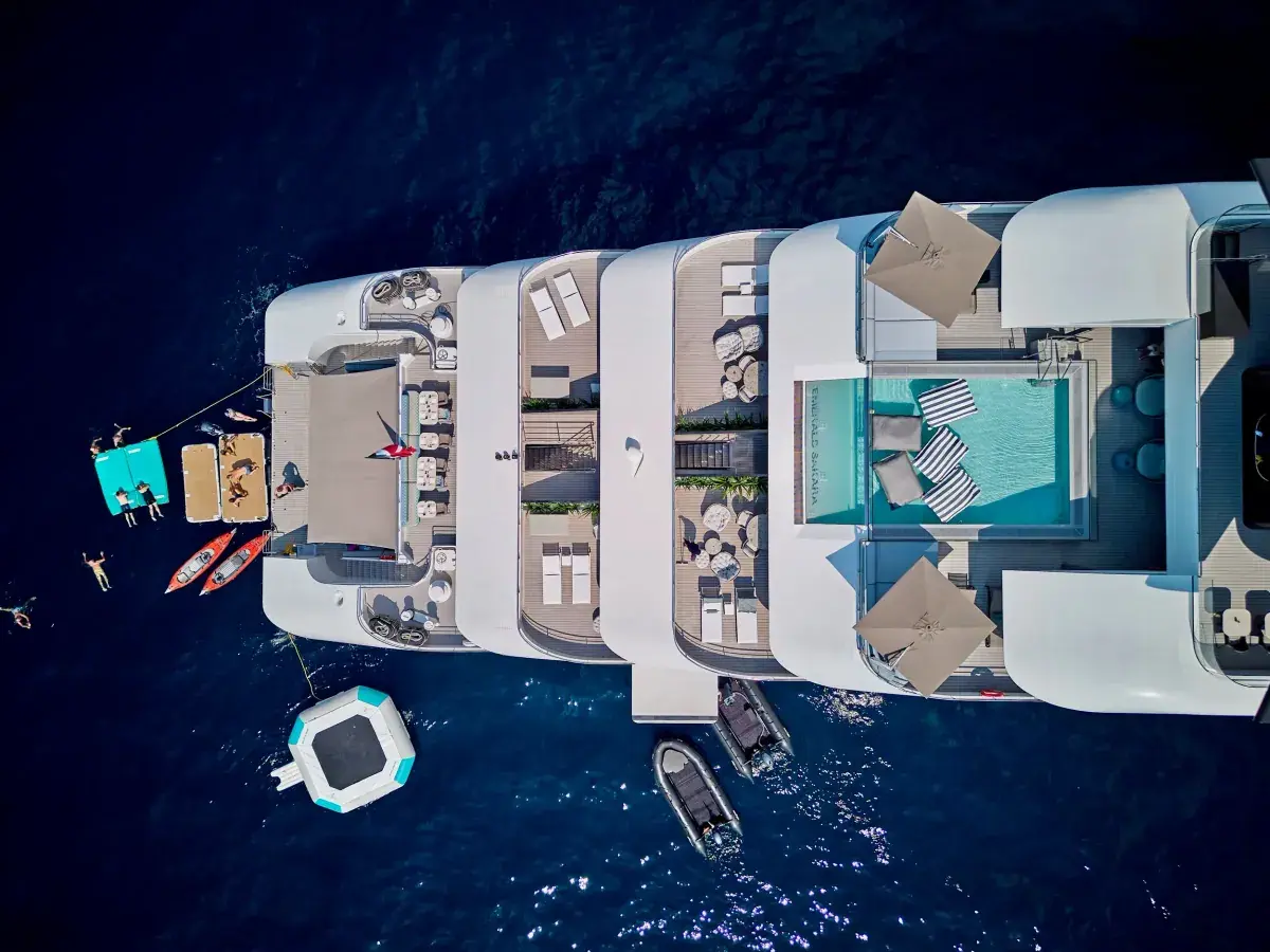 Aerial view of the Marine platform on the Emerald Sakara luxury yacht