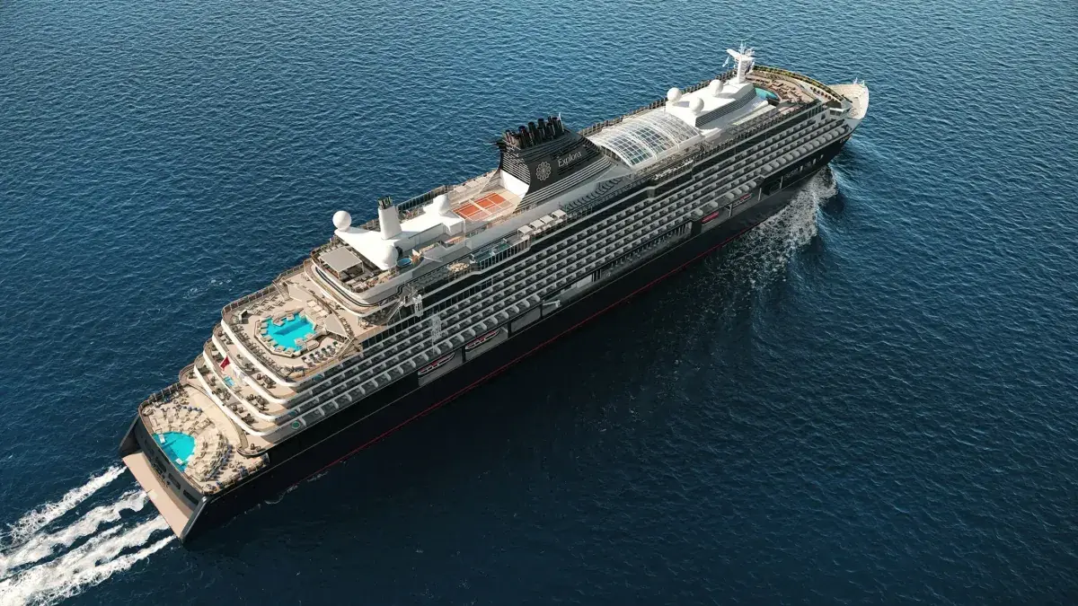 Aerial shot of an Explora Ocean Journeys cruise ship