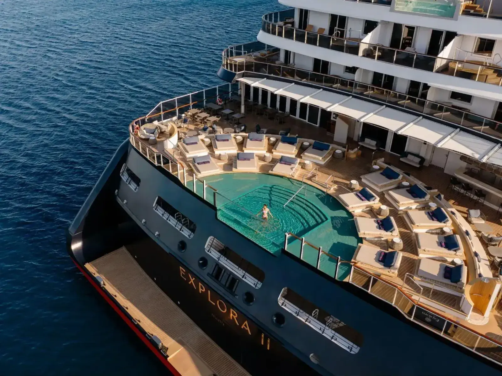 Aerial shot of the aft decks on an Explora Journeys ship