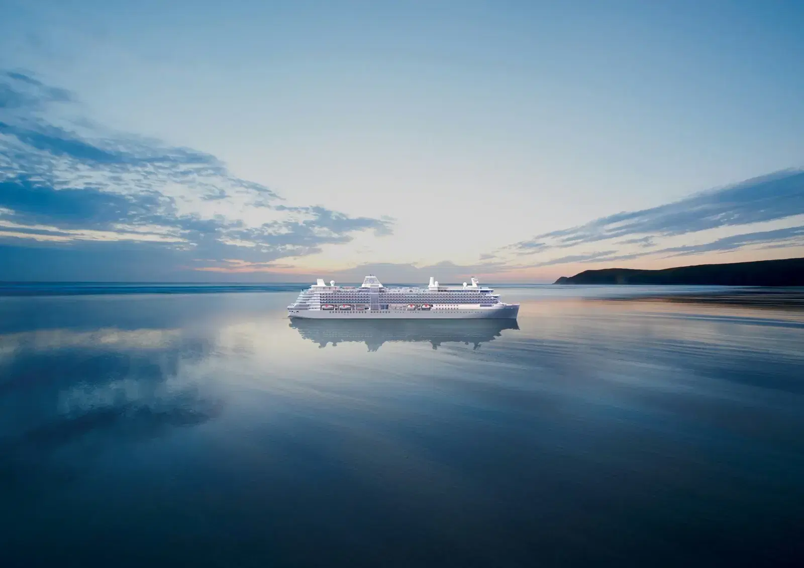 A Silversea cruise ship on a vast ocean