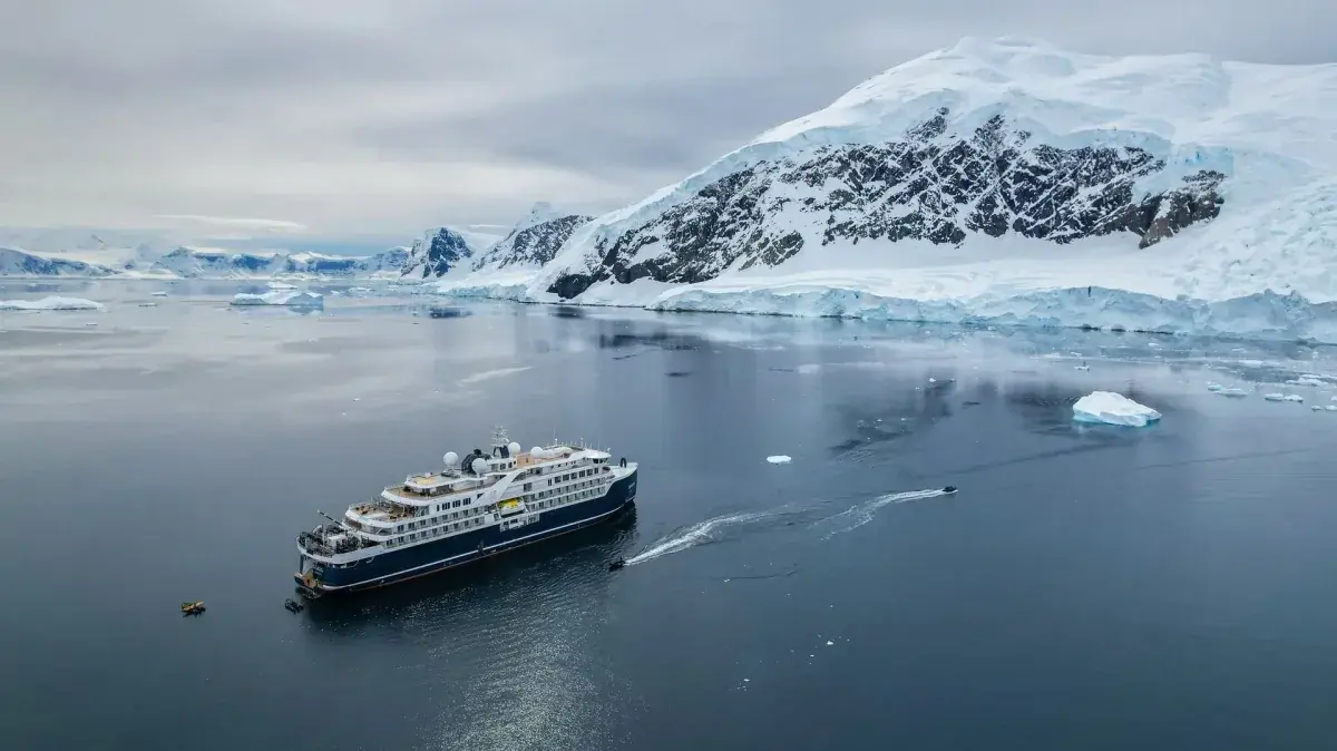 Aerial view of a Swan Hellenic expedition cruise ship in Antarctica