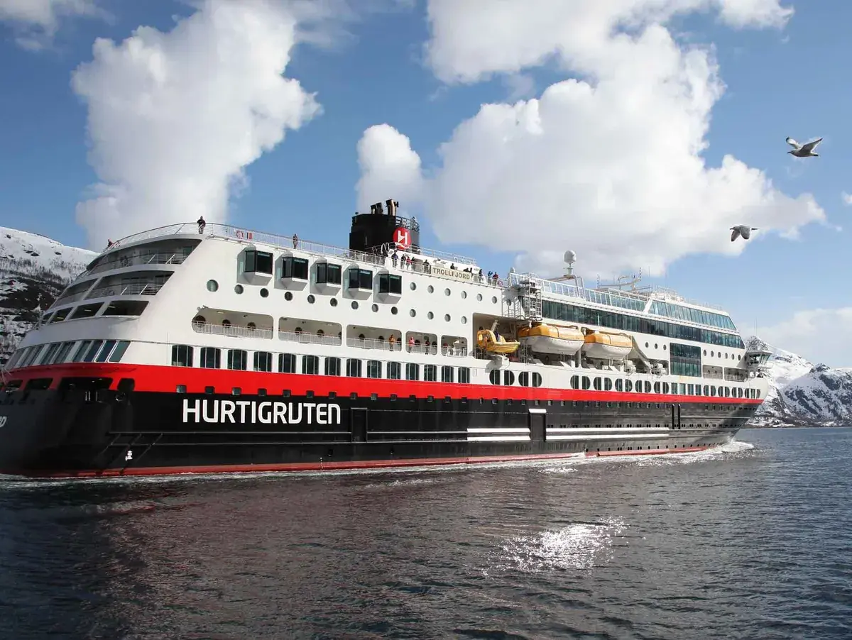 Sea level view of a Hurtigruten cruise ship