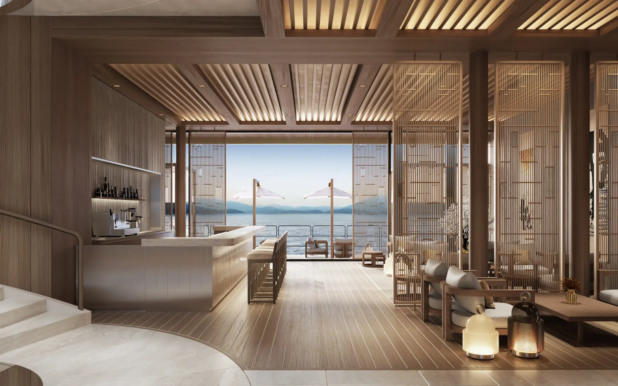 Rendering of a wood-paneled lounge and bar on Amangati, opening onto a terrace above the sea