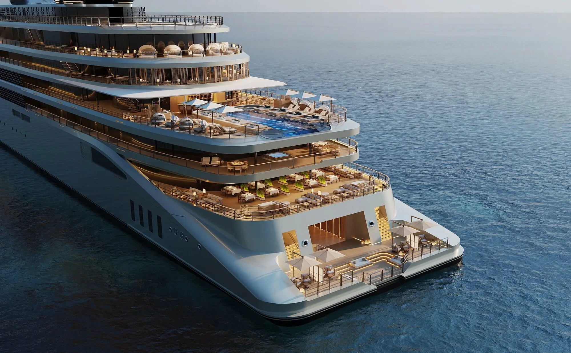 Rendering of Aman's yacht Amangati from astern, with tiered terraces, a pool deck and a water-level beach club