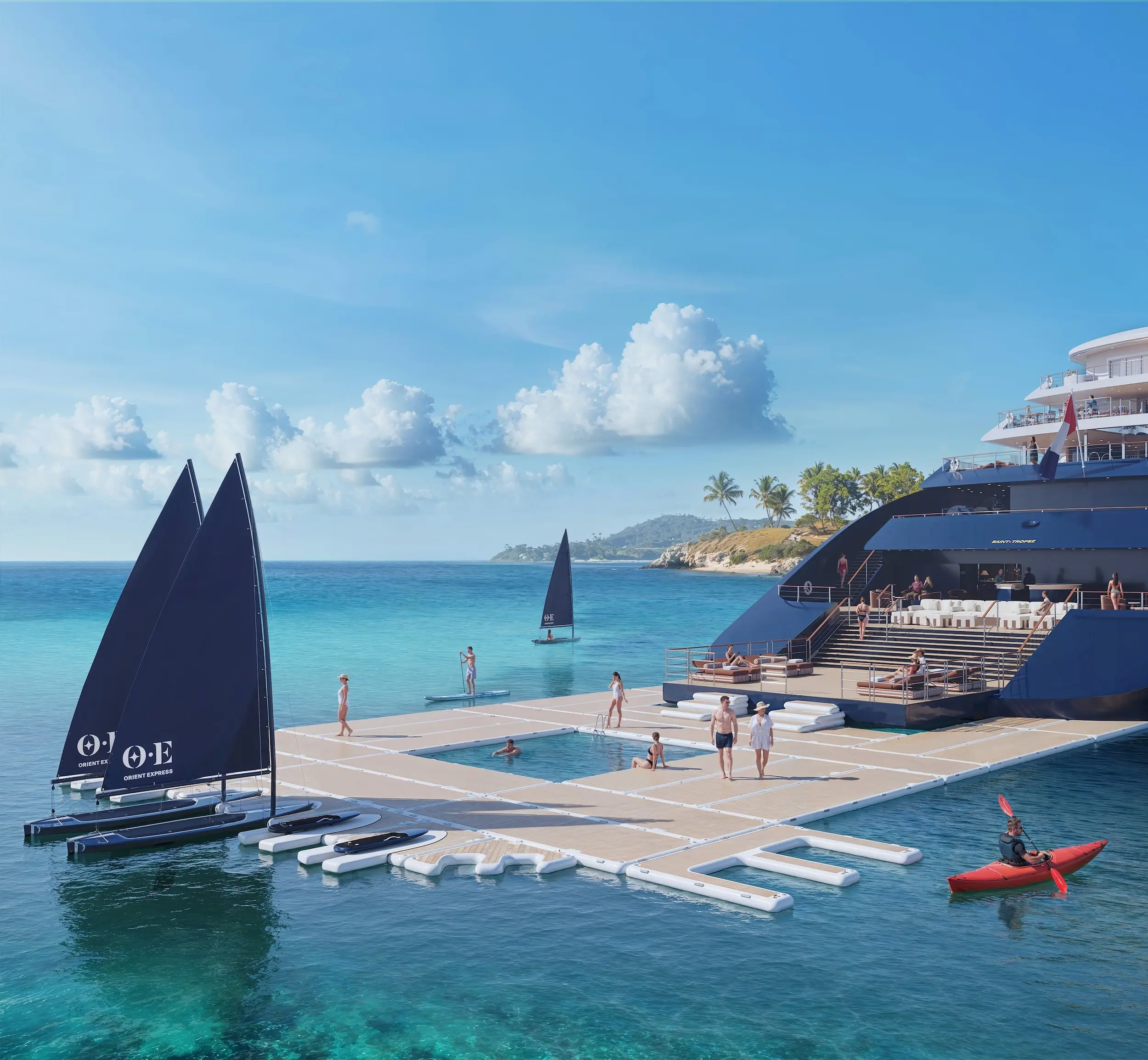 Rendering of Orient Express Corinthian's floating beach club, with a sea pool, sailing dinghies and a kayak in turquoise water