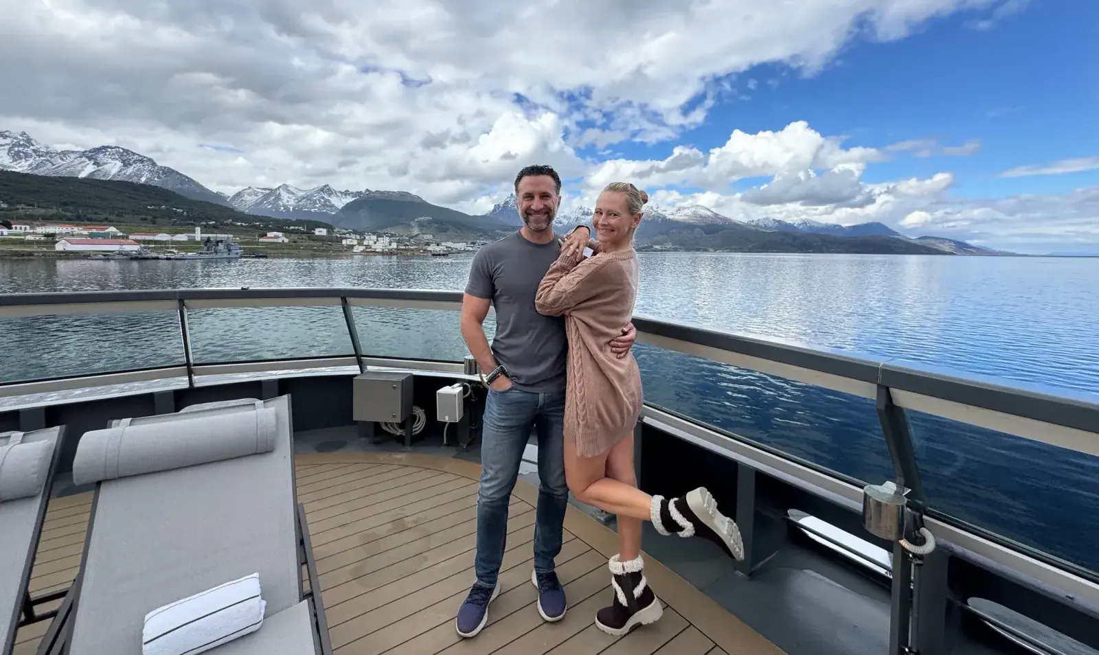 Phil and Erin on the deck of Seabourn Venture in Ushuaia