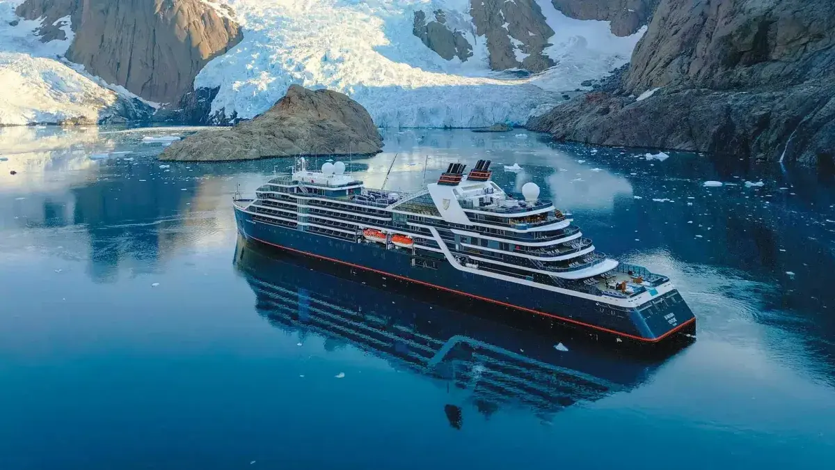 Aerial view of the Seabourn Venture cruise ship in Antarctica