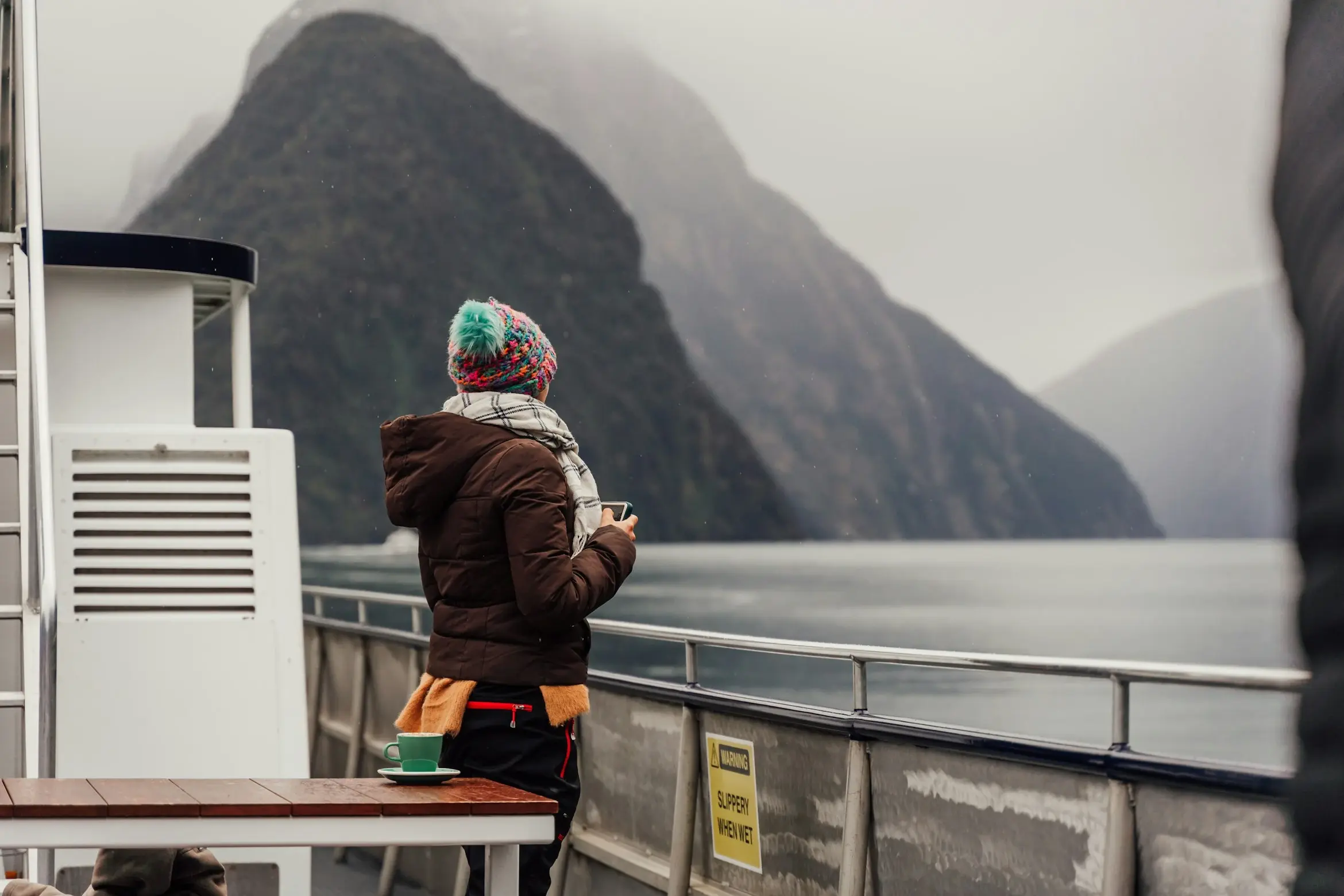 A solo traveler in a knit hat stands at a ship's rail, looking out at misty fjord cliffs