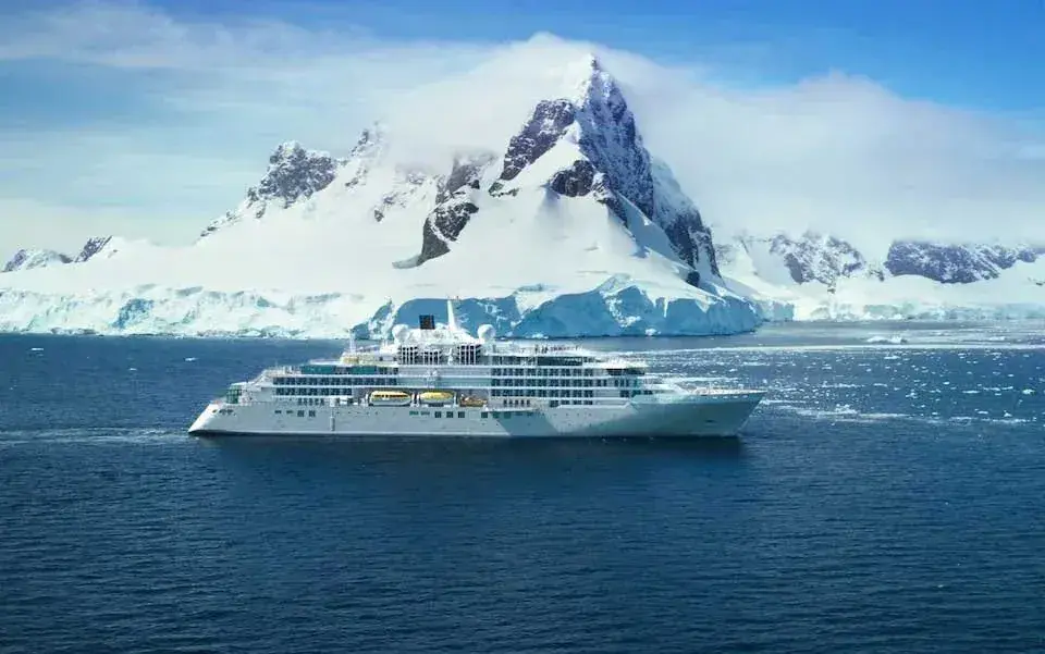 A Silversea cruise ship sails through Antarctica