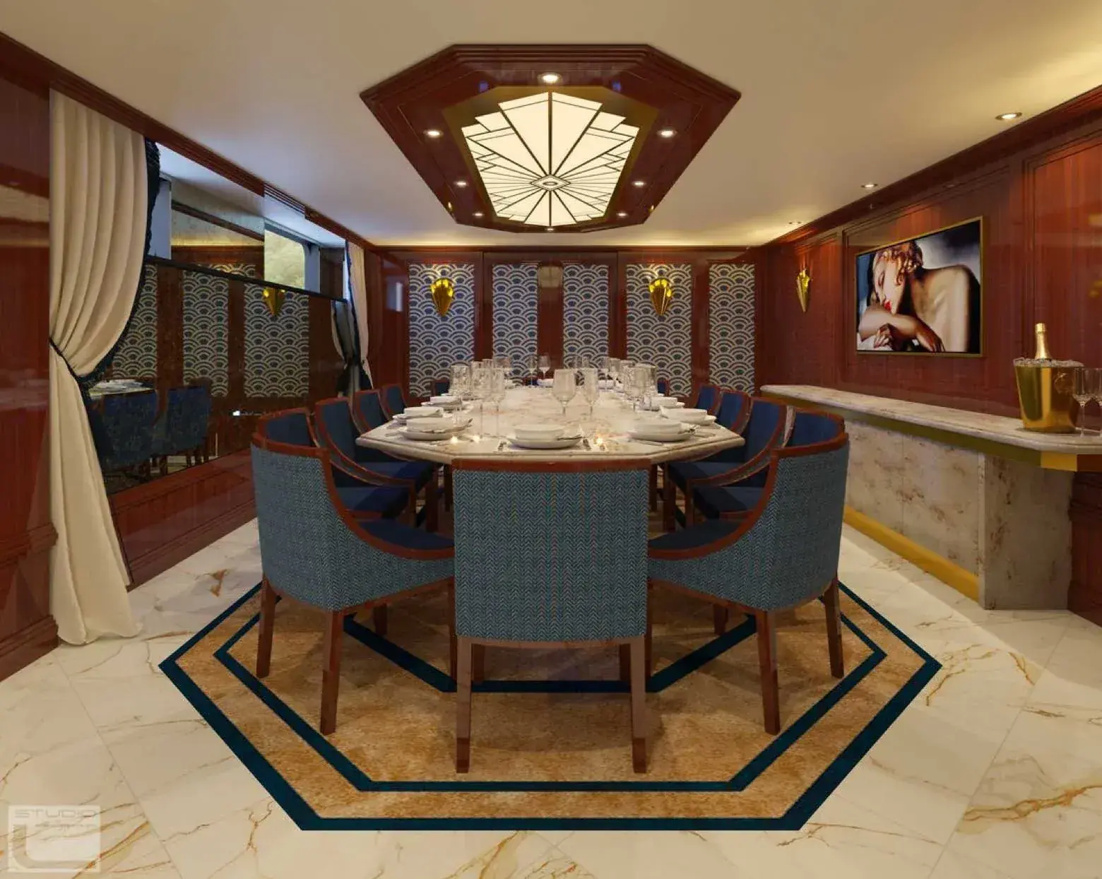 A Uniworld river cruise ship dining room