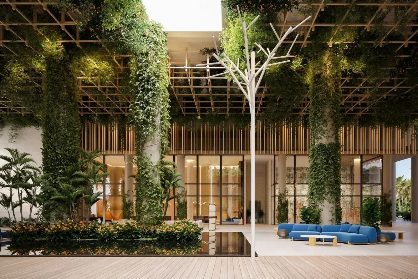The indoor/outdoor lobby is a preview of the W Hotel Punta Cana's elaborate design