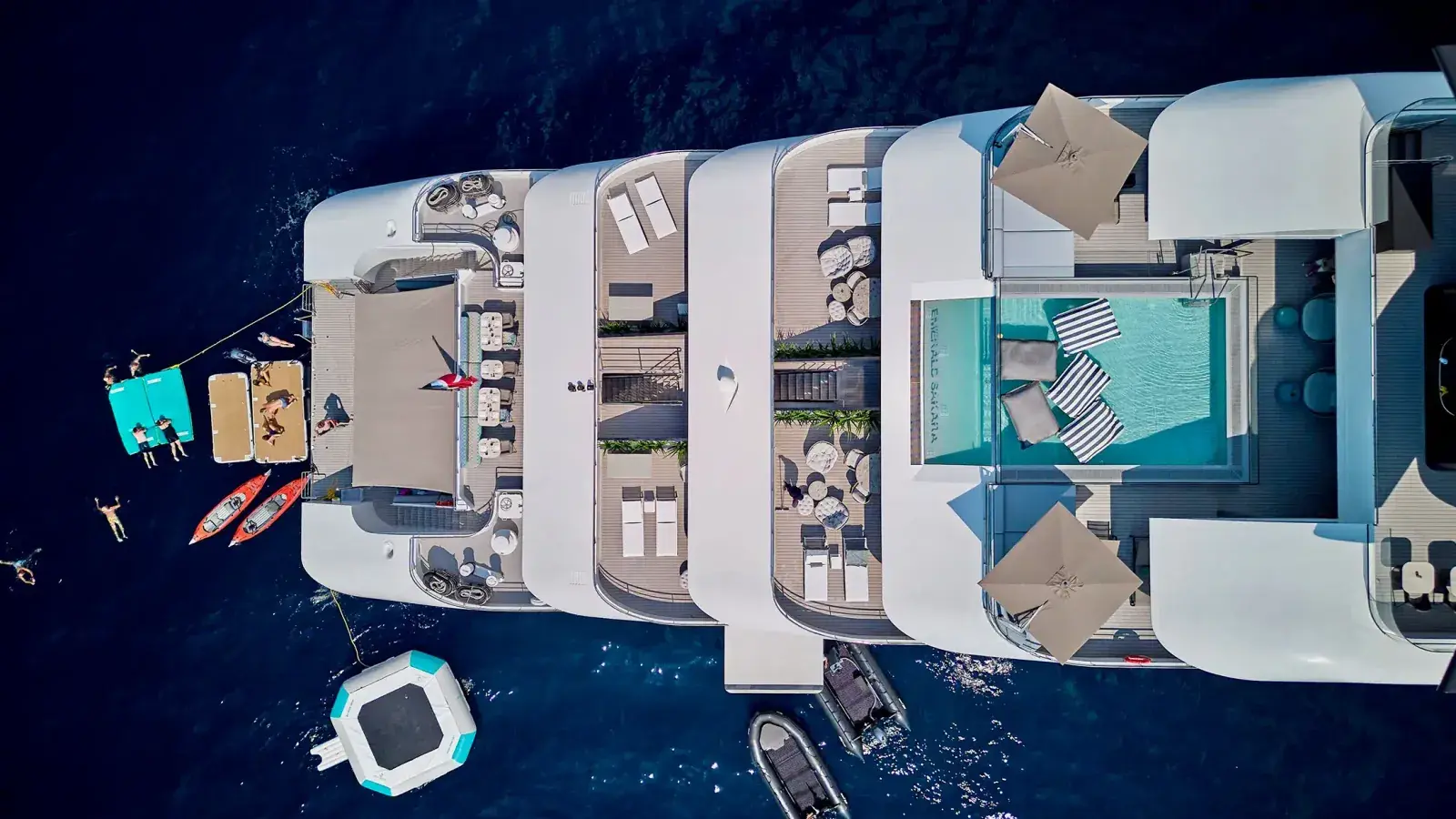 Birds eye view of the marine platform on the Emerald Sakara luxury yacht