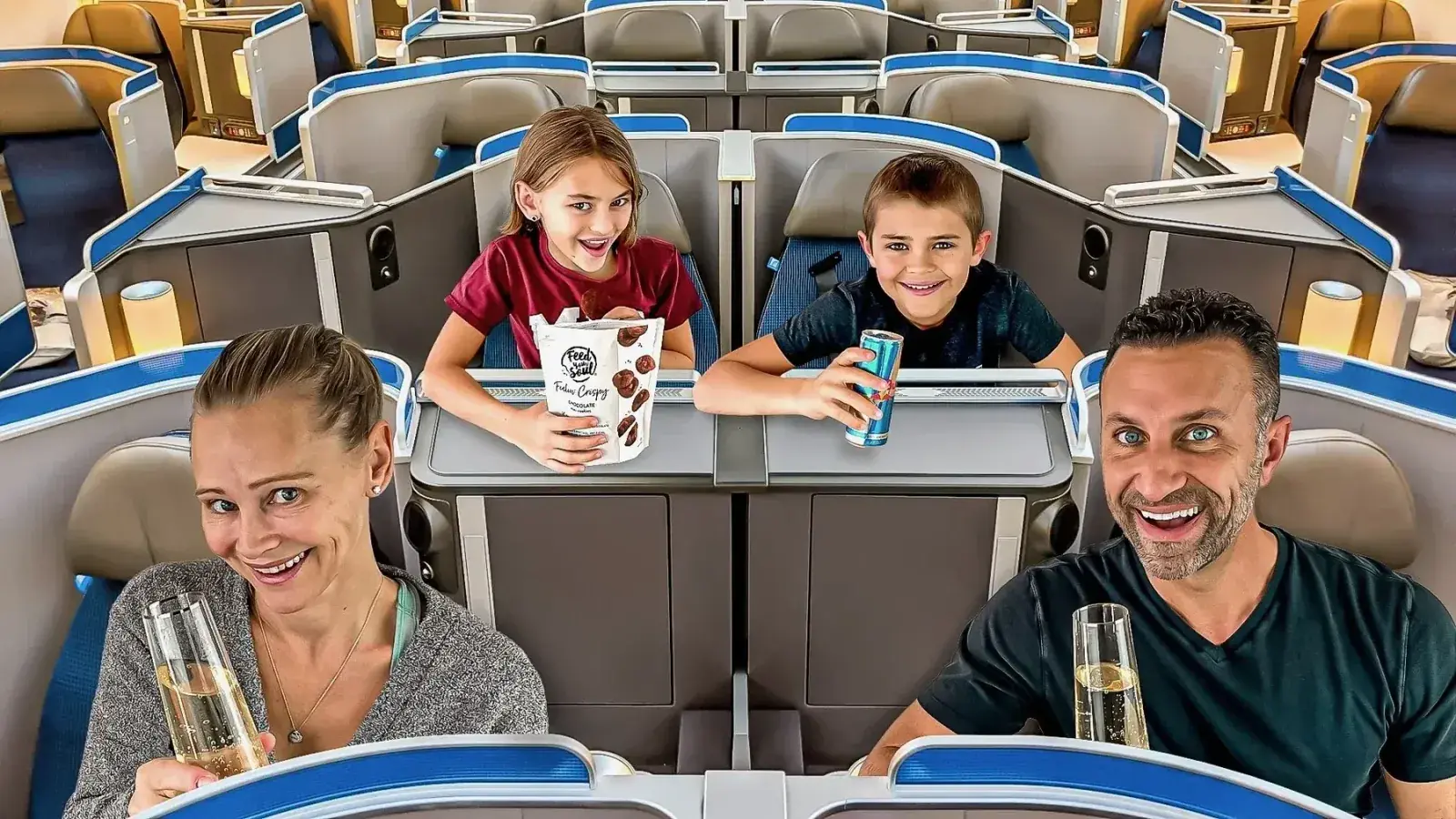 The Lockwood family flying in a business class cabin