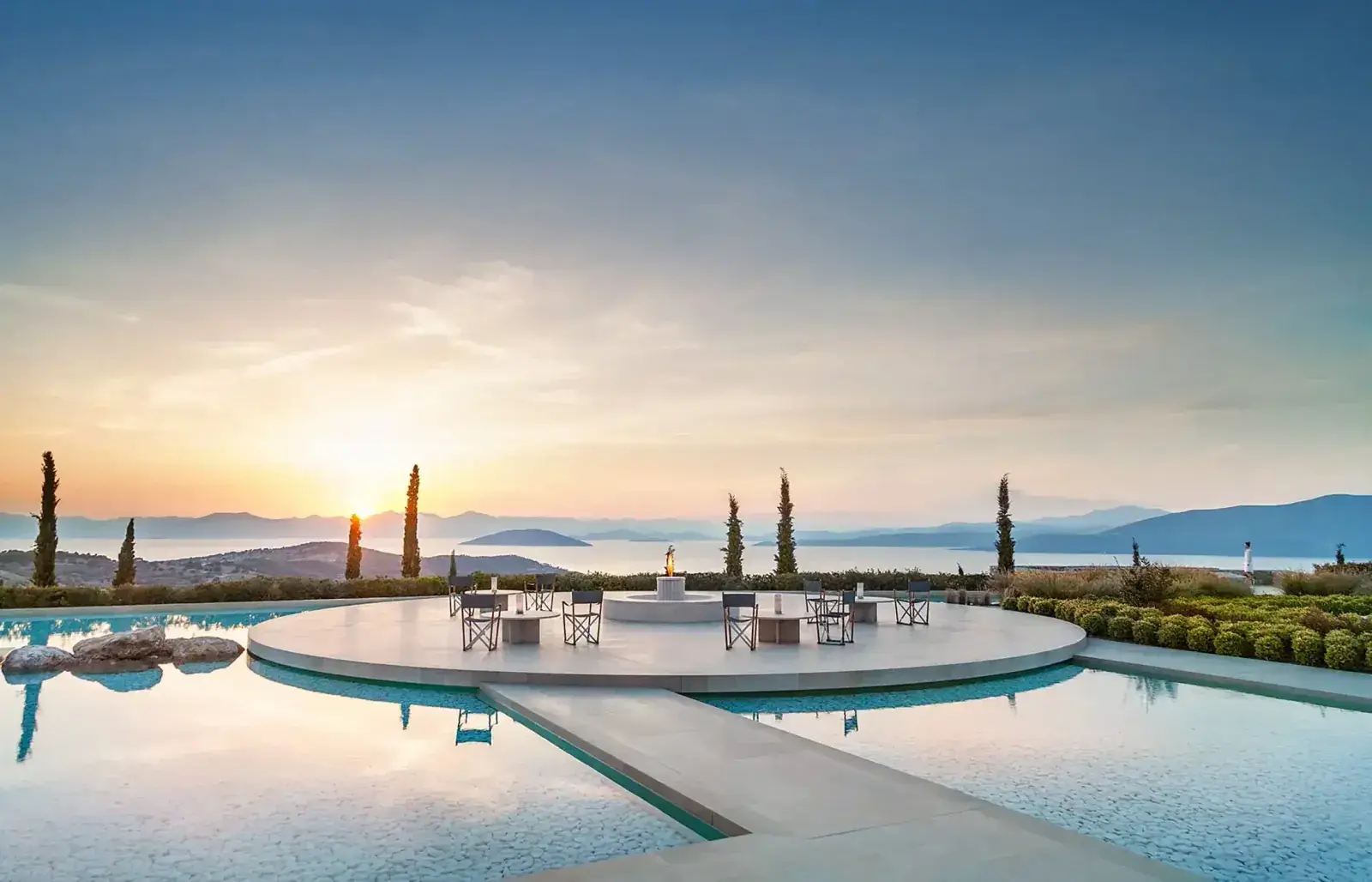 Aerial view of a pool area at an Aman resort