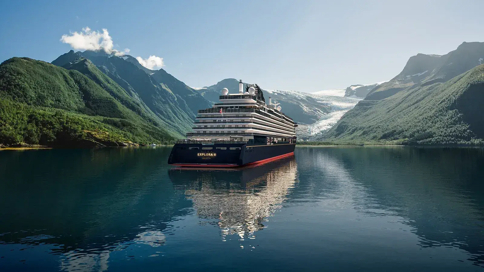 An Explora Journeys cruise ship sails away