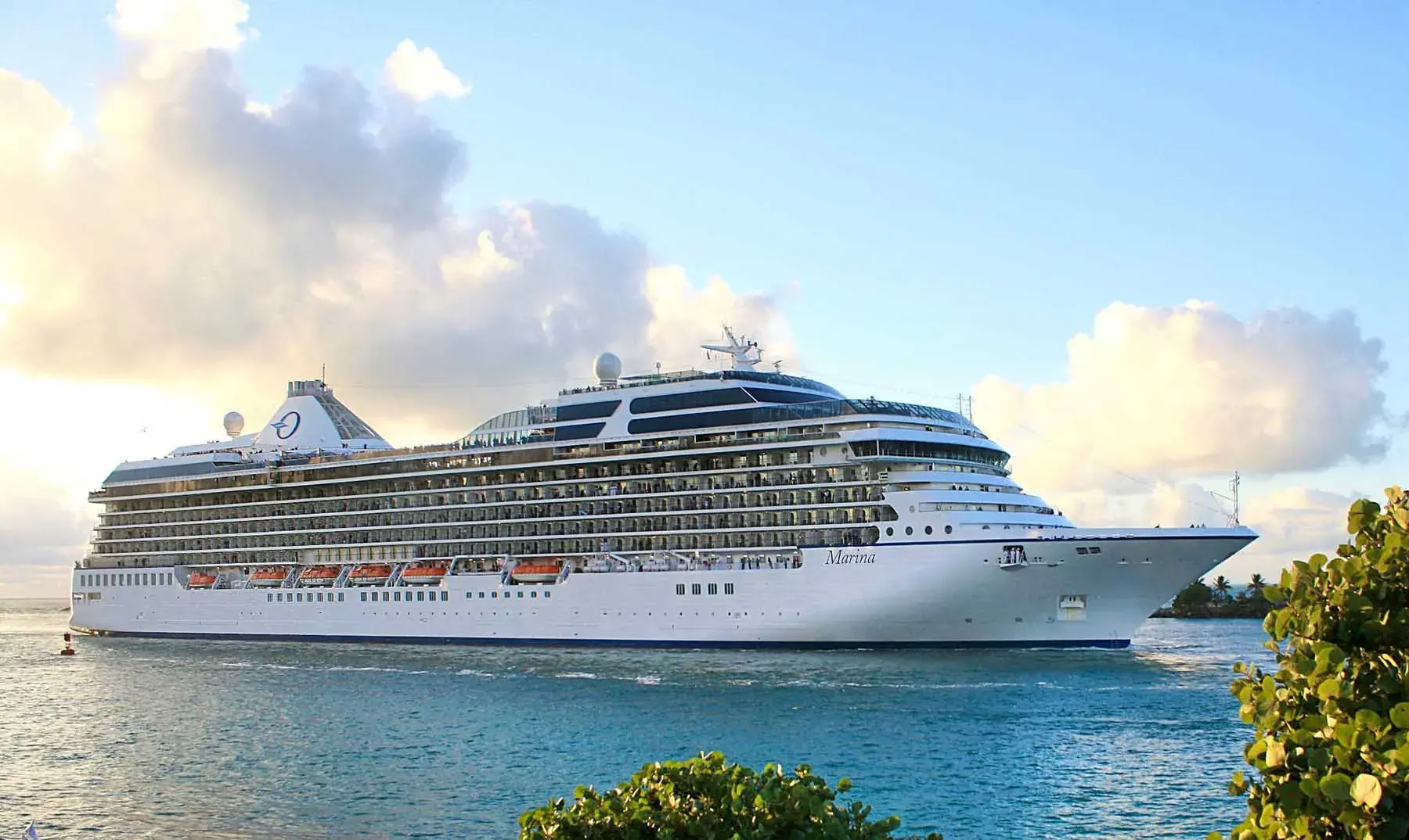 Oceania Marina cruise ship at sunset, side view